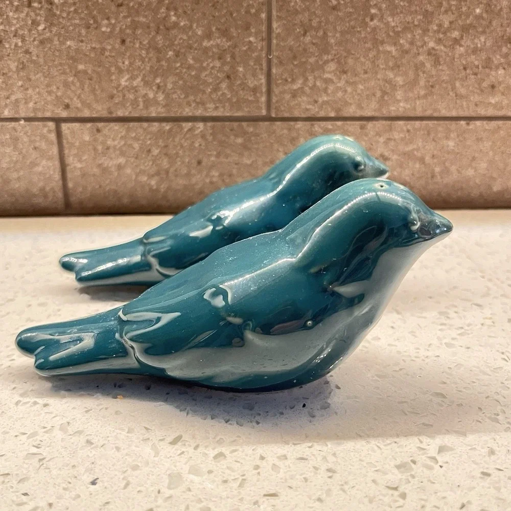 Pier 1 Imports Teal Ceramic Bird Salt & Pepper Shaker Set Retired MCM Farmhouse